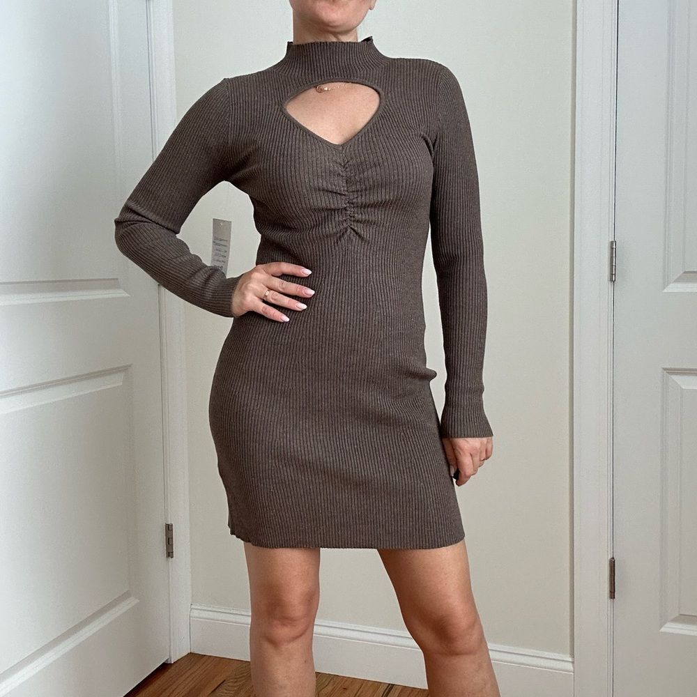 Mock Neck Long Sleeve Cut Out Sweater Knit Bodycon Dress